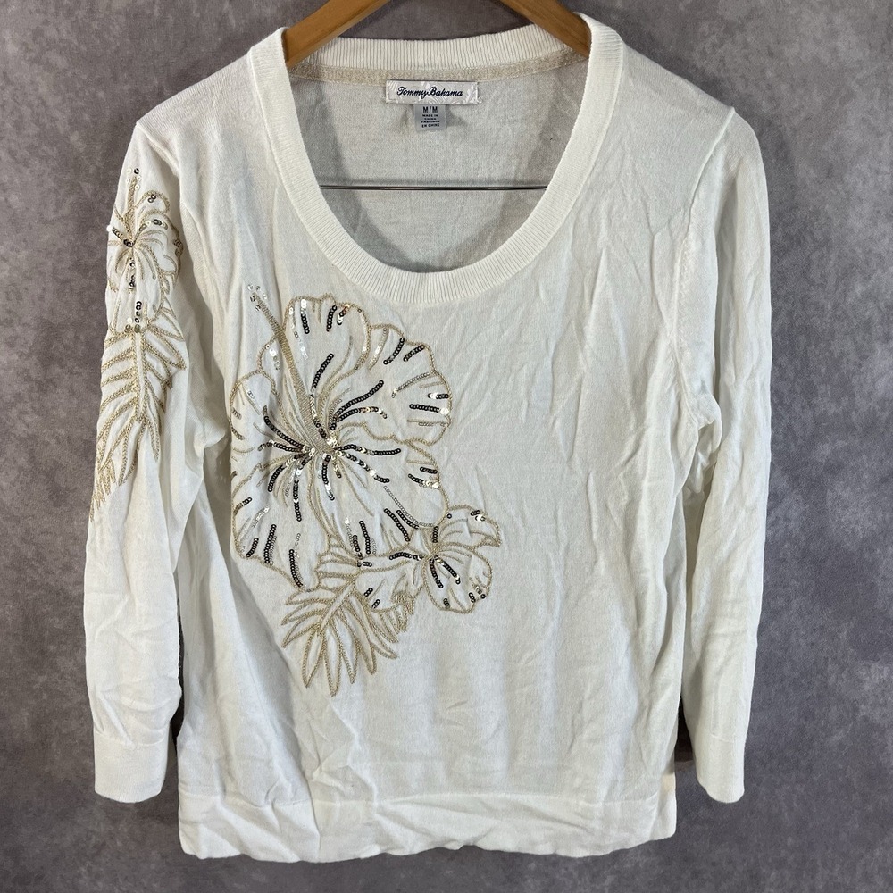 Tommy Bahama Sweater Women Medium White Sequin Hibiscus Cashmere Scoop Neck